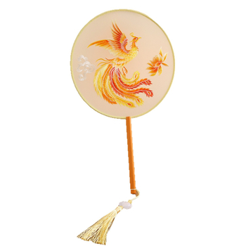 Fân rotund dublu brodat, stil chinezesc, motív phoenix, mătase, ramă din lemn