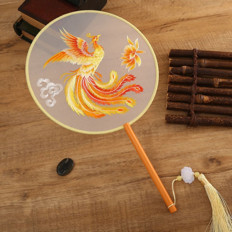 Fân rotund dublu brodat, stil chinezesc, motív phoenix, mătase, ramă din lemn