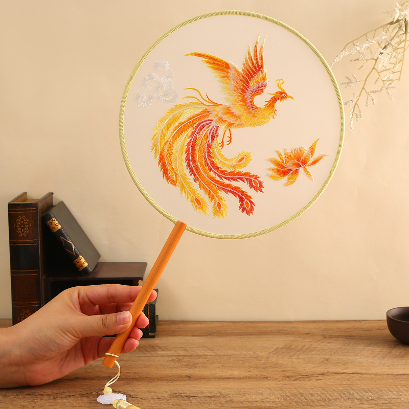 Fân rotund dublu brodat, stil chinezesc, motív phoenix, mătase, ramă din lemn