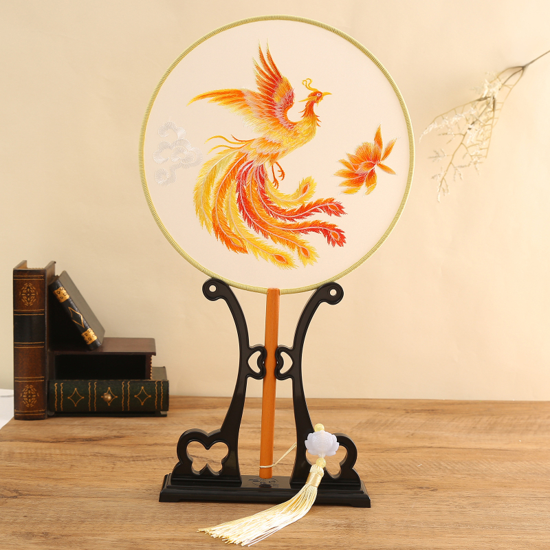 Fân rotund dublu brodat, stil chinezesc, motív phoenix, mătase, ramă din lemn