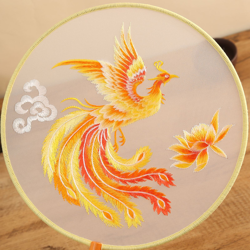 Fân rotund dublu brodat, stil chinezesc, motív phoenix, mătase, ramă din lemn