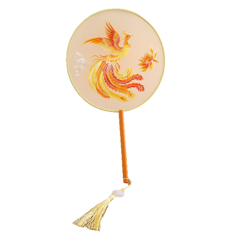 Fân rotund dublu brodat, stil chinezesc, motív phoenix, mătase, ramă din lemn