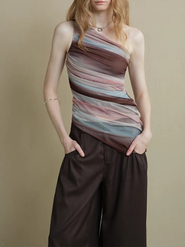 Top s asimetričnim ramenom, gradientna mreža, prozračan, blag prema koži, kratke rukave, poliester-mješavina, uobičajena duljina 50-65 cm