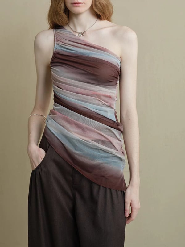 Top s asimetričnim ramenom, gradientna mreža, prozračan, blag prema koži, kratke rukave, poliester-mješavina, uobičajena duljina 50-65 cm