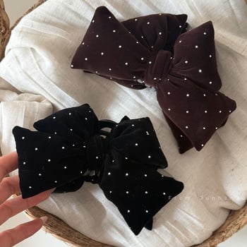 Clip de păr din catifea cu funda și diamante – lucrat manual, clip de tip shark pentru păr, pentru partea din spate a capului, iarna 2025, stil lux lejer