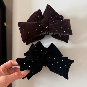 Clip de păr din catifea cu funda și diamante – lucrat manual, clip de tip shark pentru păr, pentru partea din spate a capului, iarna 2025, stil lux lejer