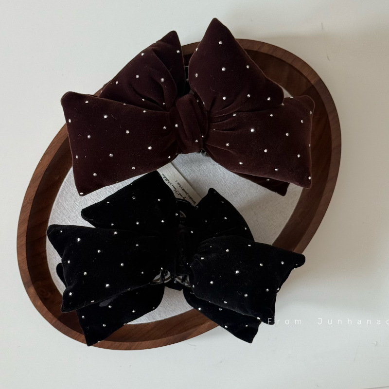 Clip de păr din catifea cu funda și diamante – lucrat manual, clip de tip shark pentru păr, pentru partea din spate a capului, iarna 2025, stil lux lejer