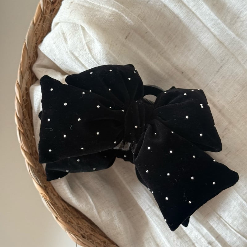 Clip de păr din catifea cu funda și diamante – lucrat manual, clip de tip shark pentru păr, pentru partea din spate a capului, iarna 2025, stil lux lejer