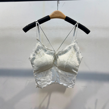 Najlon čipkasti top bez leđa, s dijamantnim detaljima, tanke naramenice, duljina do struka