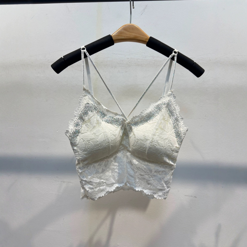 Najlon čipkasti top bez leđa, s dijamantnim detaljima, tanke naramenice, duljina do struka