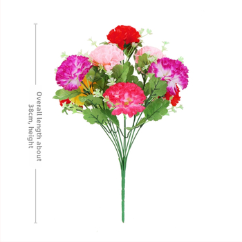 Ръчно държан букет от изкуствени карамфили: пластмасови и коприна цветя; материал: пластмаса и коприна; процес: стилизиране, релеф, инжекционно формоване; форма: букет; предназначение: декорация, реквизит за фотография, домашна украса