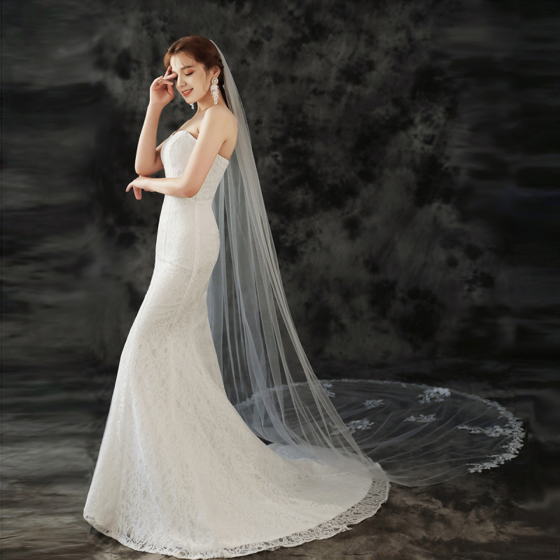 Csipkés menyasszonyi fátyol vonattal, egyrétegű, retro stílus, kis templomi stílusú fejfedő fotózásra, eredet Anhui