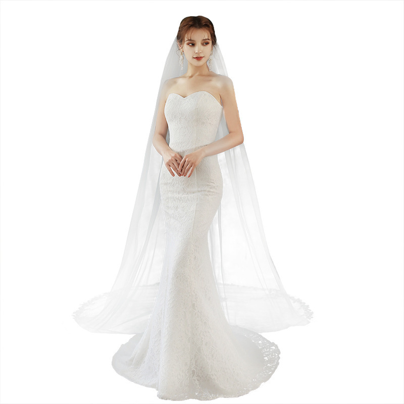 Csipkés menyasszonyi fátyol vonattal, egyrétegű, retro stílus, kis templomi stílusú fejfedő fotózásra, eredet Anhui