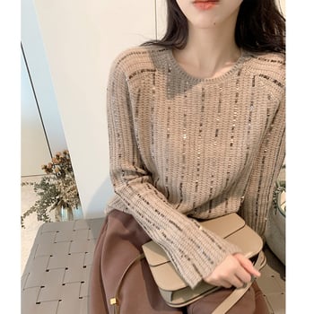 Pamut-kasmír keverékből készült kötött pulóver, egyszínű, hosszú ujjak, kerek nyakú, közepes vastagság