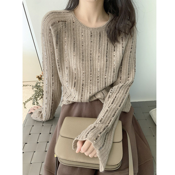 Pamut-kasmír keverékből készült kötött pulóver, egyszínű, hosszú ujjak, kerek nyakú, közepes vastagság