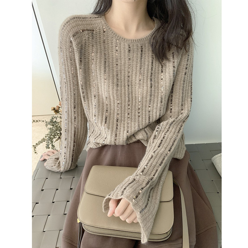 Pamut-kasmír keverékből készült kötött pulóver, egyszínű, hosszú ujjak, kerek nyakú, közepes vastagság