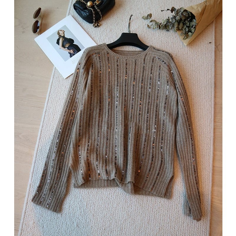 Pamut-kasmír keverékből készült kötött pulóver, egyszínű, hosszú ujjak, kerek nyakú, közepes vastagság