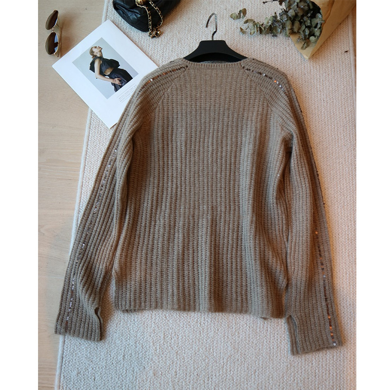 Pamut-kasmír keverékből készült kötött pulóver, egyszínű, hosszú ujjak, kerek nyakú, közepes vastagság