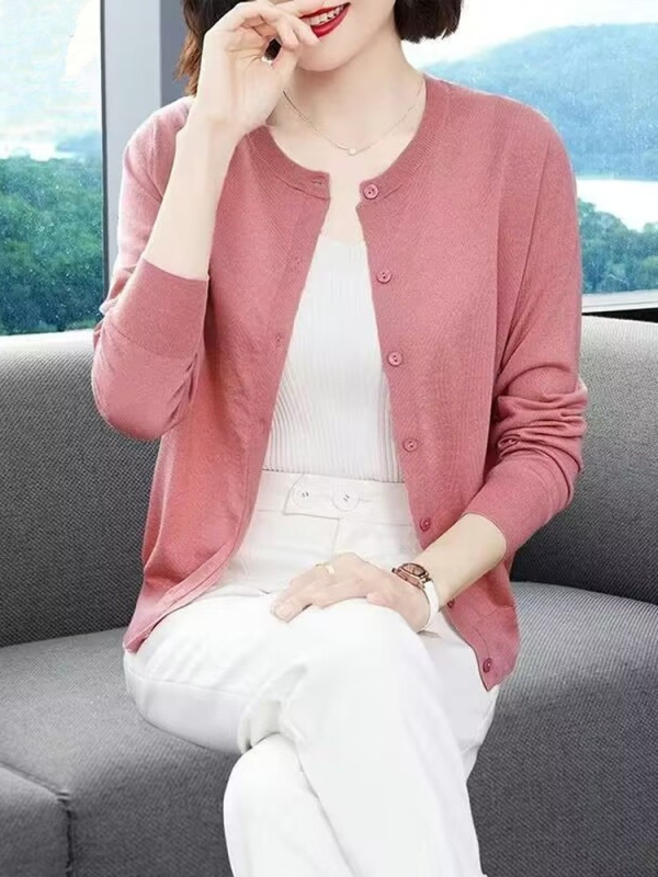 Cardigan pulover od pletenine, jednofarban model, okrugli izrez, dugi rukavi, slobodan kroj, jesen 2025