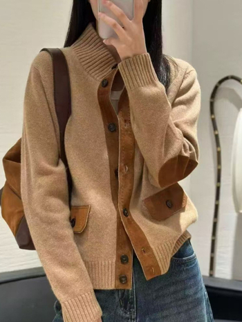 Női kardigán-stílusú kötött felső, kasmír-gyapjú keverékből, álló gallérral, hosszú ujjú, elöl gombos
