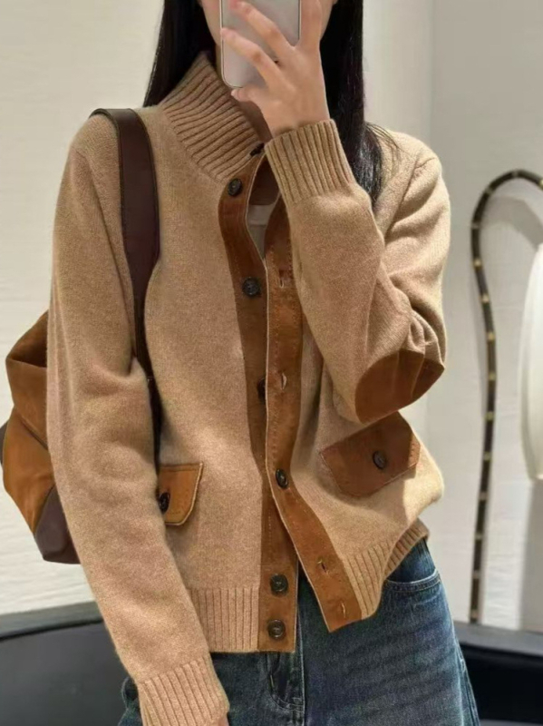 Női kardigán-stílusú kötött felső, kasmír-gyapjú keverékből, álló gallérral, hosszú ujjú, elöl gombos