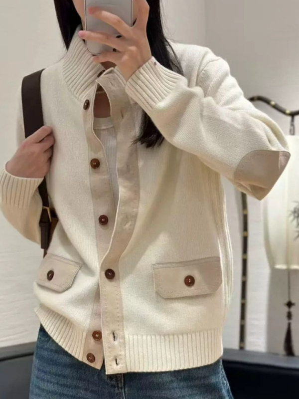 Női kardigán-stílusú kötött felső, kasmír-gyapjú keverékből, álló gallérral, hosszú ujjú, elöl gombos