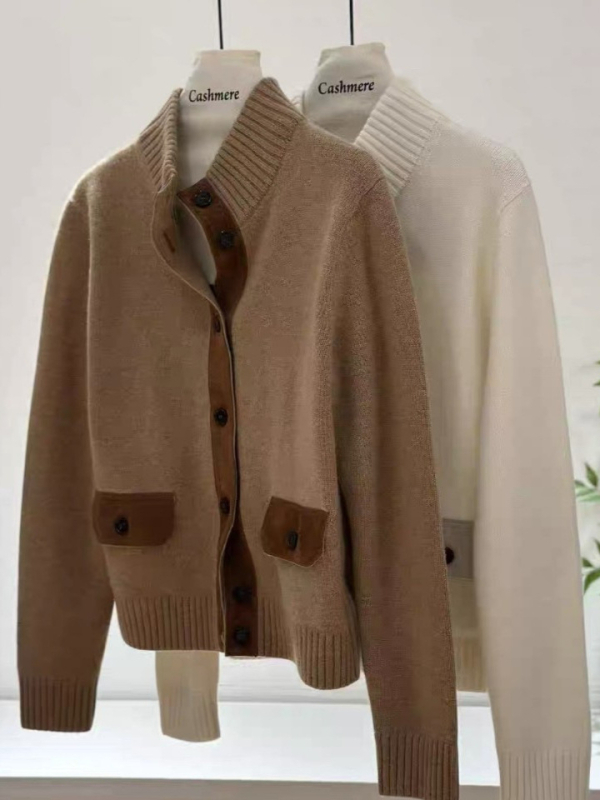 Női kardigán-stílusú kötött felső, kasmír-gyapjú keverékből, álló gallérral, hosszú ujjú, elöl gombos