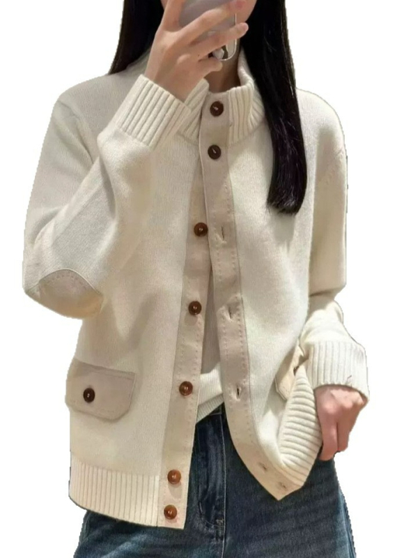 Női kardigán-stílusú kötött felső, kasmír-gyapjú keverékből, álló gallérral, hosszú ujjú, elöl gombos
