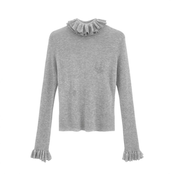Pulover od smjese vune, slim kroj, ovratnik u obliku lišća lotosa, rukavi zvonastog kroja, obična duljina (50–65 cm)