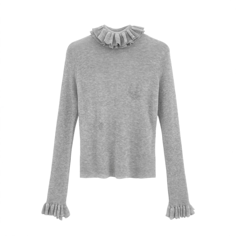 Pulover od smjese vune, slim kroj, ovratnik u obliku lišća lotosa, rukavi zvonastog kroja, obična duljina (50–65 cm)