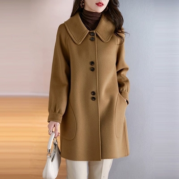 Női gyapjú kabát, koreai stílus, laza fazon, Péter Pán gallér, középhosszú