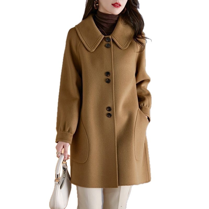 Női gyapjú kabát, koreai stílus, laza fazon, Péter Pán gallér, középhosszú