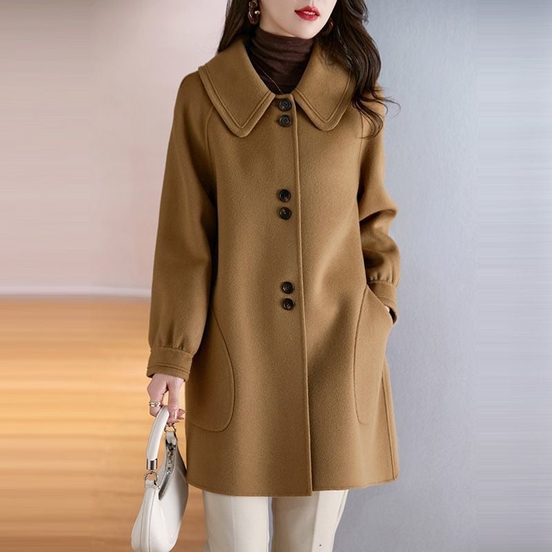 Női gyapjú kabát, koreai stílus, laza fazon, Péter Pán gallér, középhosszú
