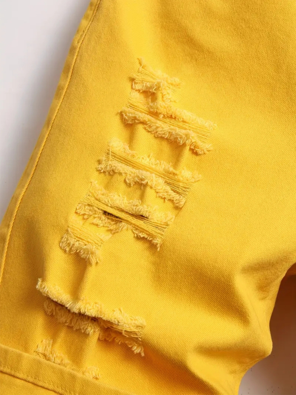 Muške traper šorceve s oštećenim dizajnom i tie-dye - ravni kroj, niski pojas, zip