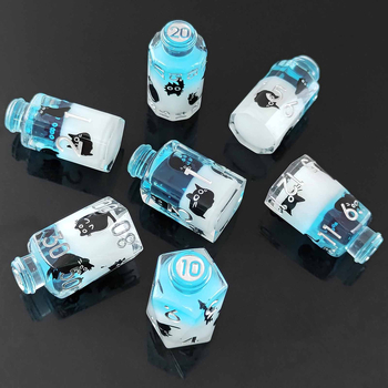 D20 kockák gyantából – elixír üvegben D&D és RPG játékokhoz