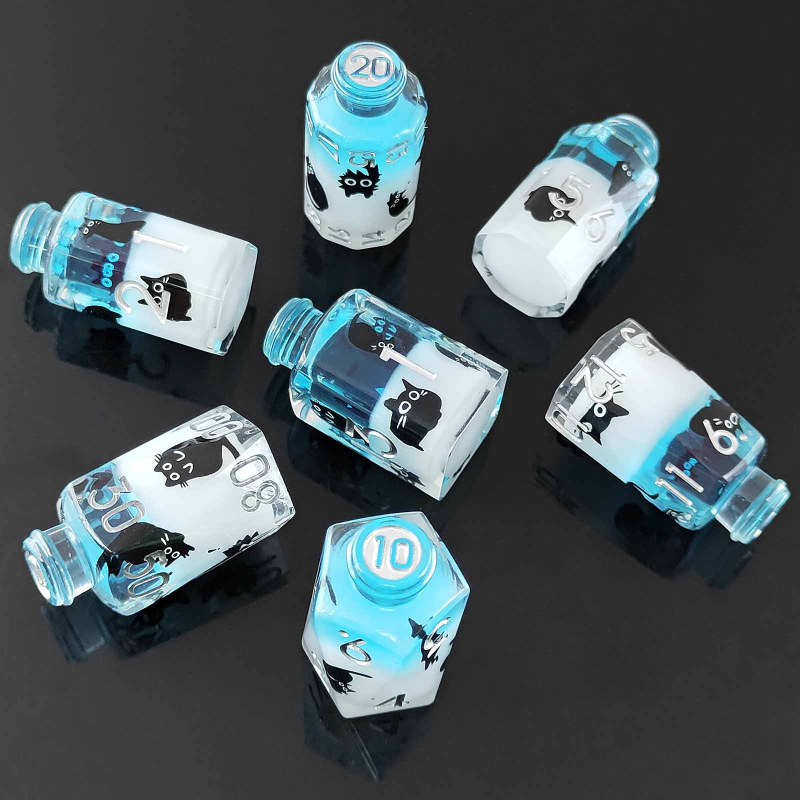 D20 kockák gyantából – elixír üvegben D&D és RPG játékokhoz