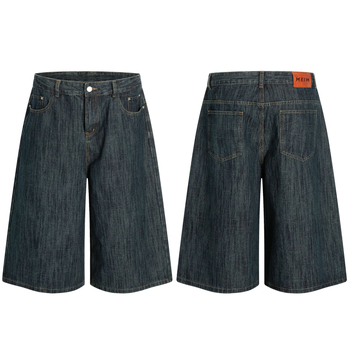 Muške široke kratke traperice s cropped duljinom, vintage jacquard uzorom, pranje, srednji pojas, zatvaranje na gumbe sprijeda, ravni kroj