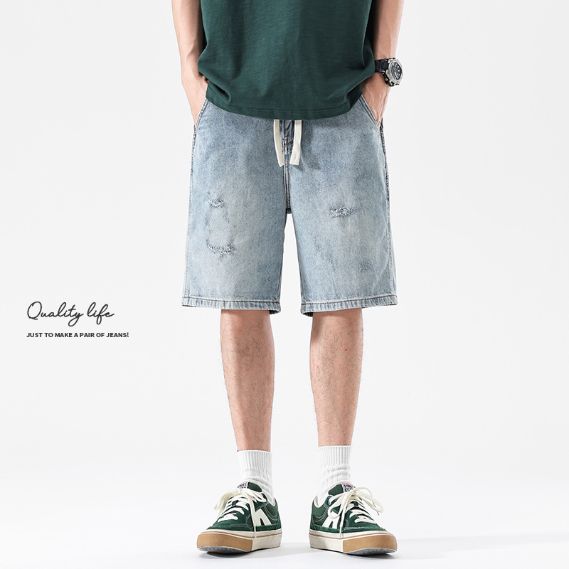 Džins šorcovi, vintage oprani, poderani, ravni kroj, srednji pojas, pamuk-mješavina