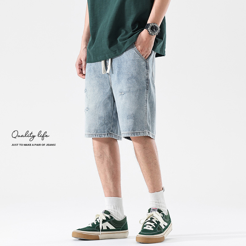 Džins šorcovi, vintage oprani, poderani, ravni kroj, srednji pojas, pamuk-mješavina