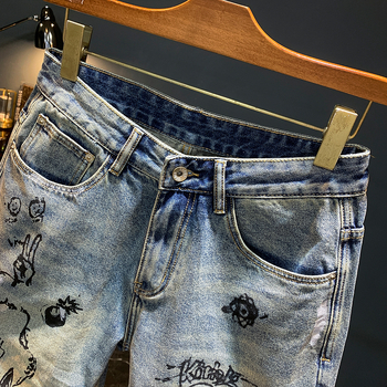 Férfi denim rövidnadrág, egyenes szabású, kreatív nyomtatás, pamut anyag, 5/8 hossz, retro stílus, 2024 nyár