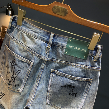 Férfi denim rövidnadrág, egyenes szabású, kreatív nyomtatás, pamut anyag, 5/8 hossz, retro stílus, 2024 nyár