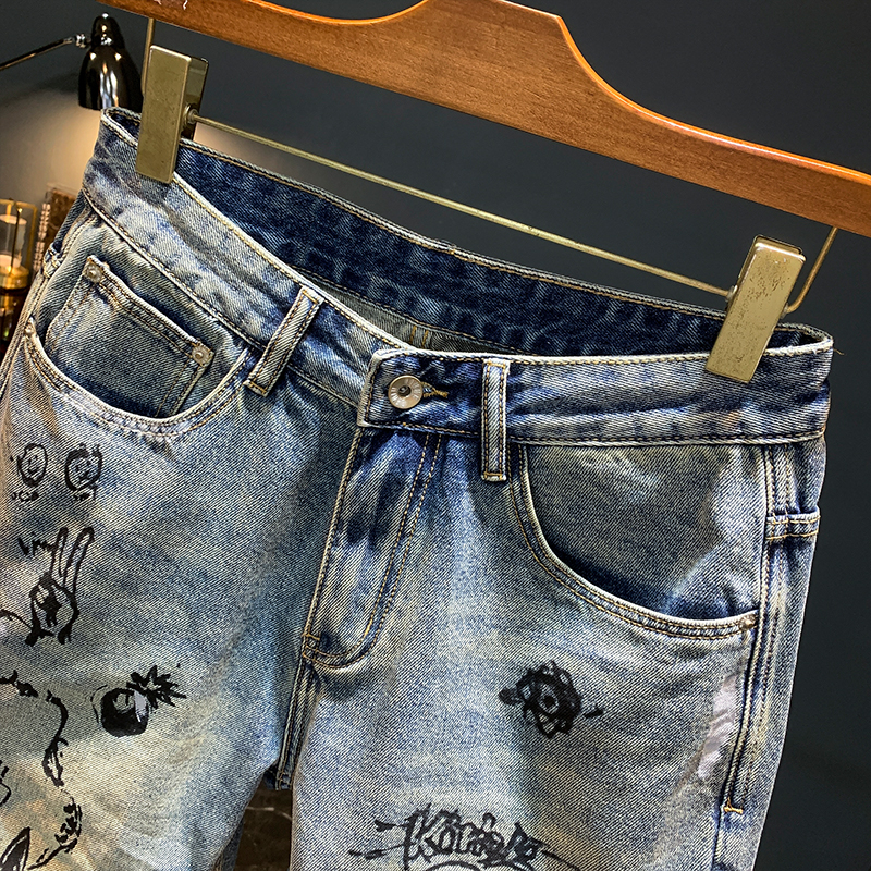 Férfi denim rövidnadrág, egyenes szabású, kreatív nyomtatás, pamut anyag, 5/8 hossz, retro stílus, 2024 nyár