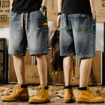 Muške traper šorte, labav kroj, poderani detalji, retro američki stil, Five-Point Length