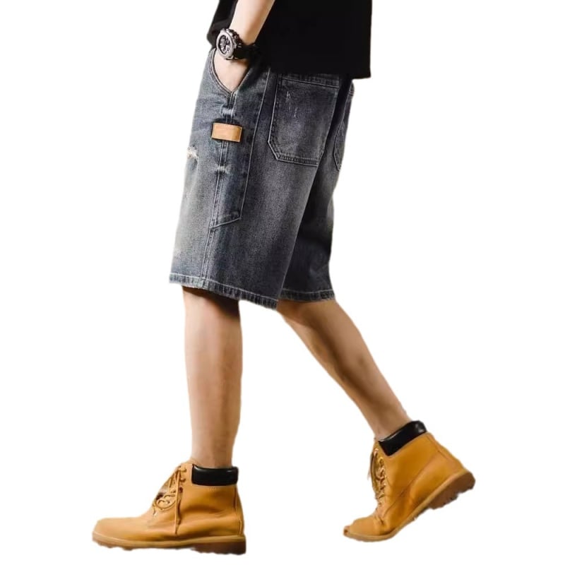 Muške traper šorte, labav kroj, poderani detalji, retro američki stil, Five-Point Length