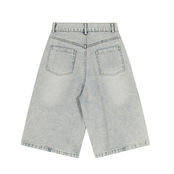 Șort denim unisex cu broderie de litere și design cu lanț atârnat, croi lejer, denim din bumbac, vară