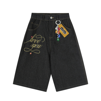 Șort denim unisex cu broderie de litere și design cu lanț atârnat, croi lejer, denim din bumbac, vară