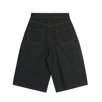 Șort denim unisex cu broderie de litere și design cu lanț atârnat, croi lejer, denim din bumbac, vară