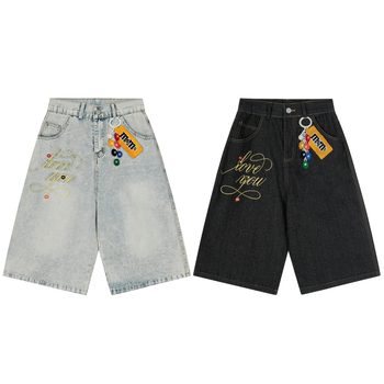 Șort denim unisex cu broderie de litere și design cu lanț atârnat, croi lejer, denim din bumbac, vară