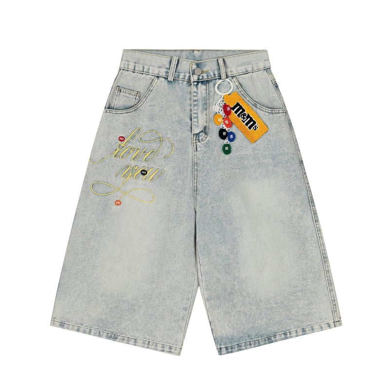 Șort denim unisex cu broderie de litere și design cu lanț atârnat, croi lejer, denim din bumbac, vară