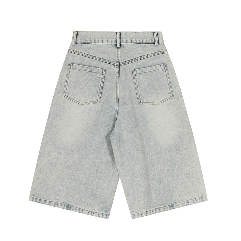 Șort denim unisex cu broderie de litere și design cu lanț atârnat, croi lejer, denim din bumbac, vară